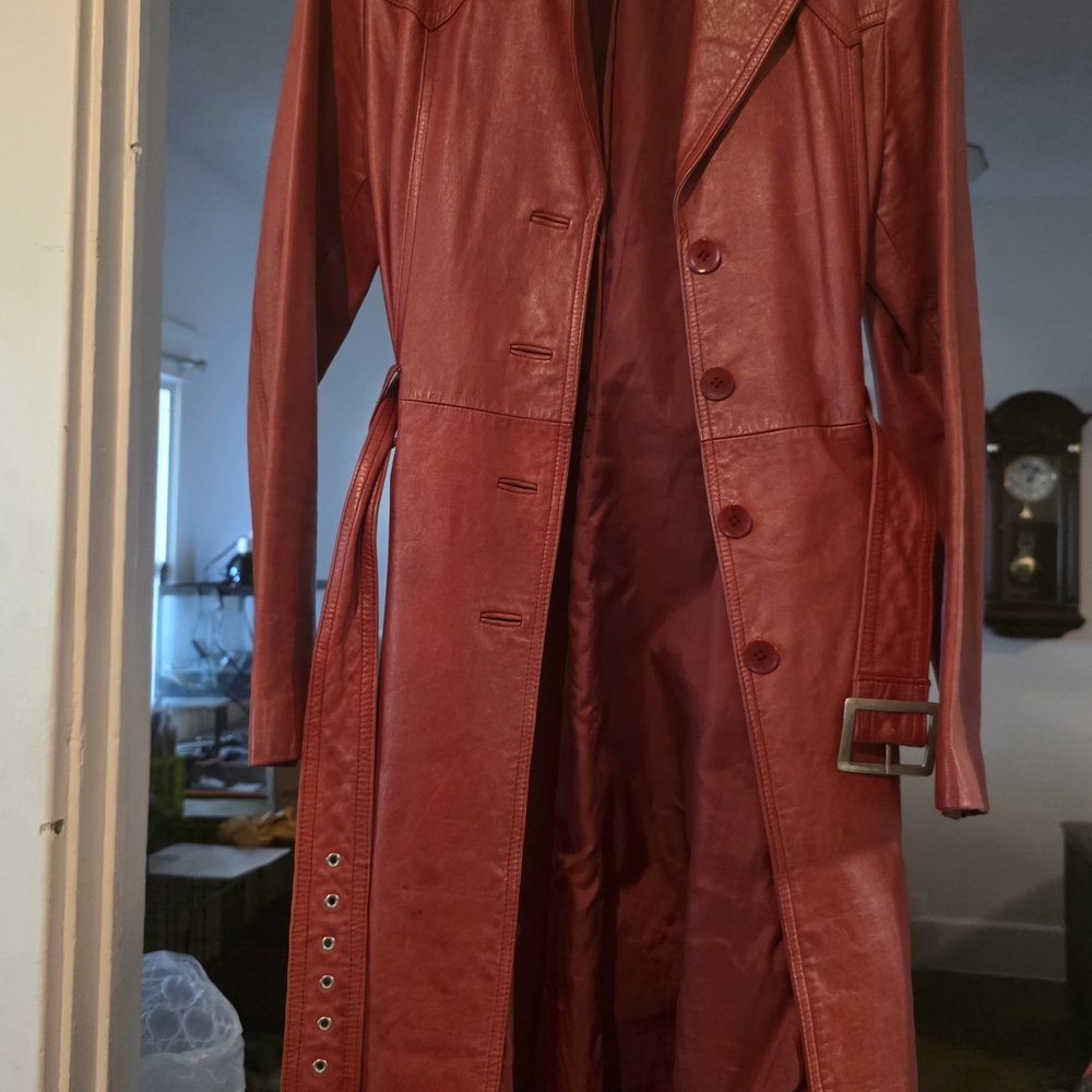 Chic Red Leather Trench Coat